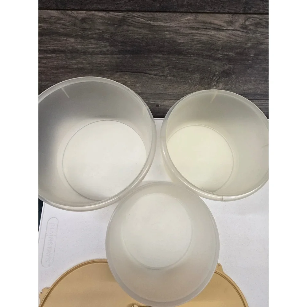 Vintage Tupperware Servalier Canister Set‎ 3 Frosted Clear Harvest Gold Lids 267